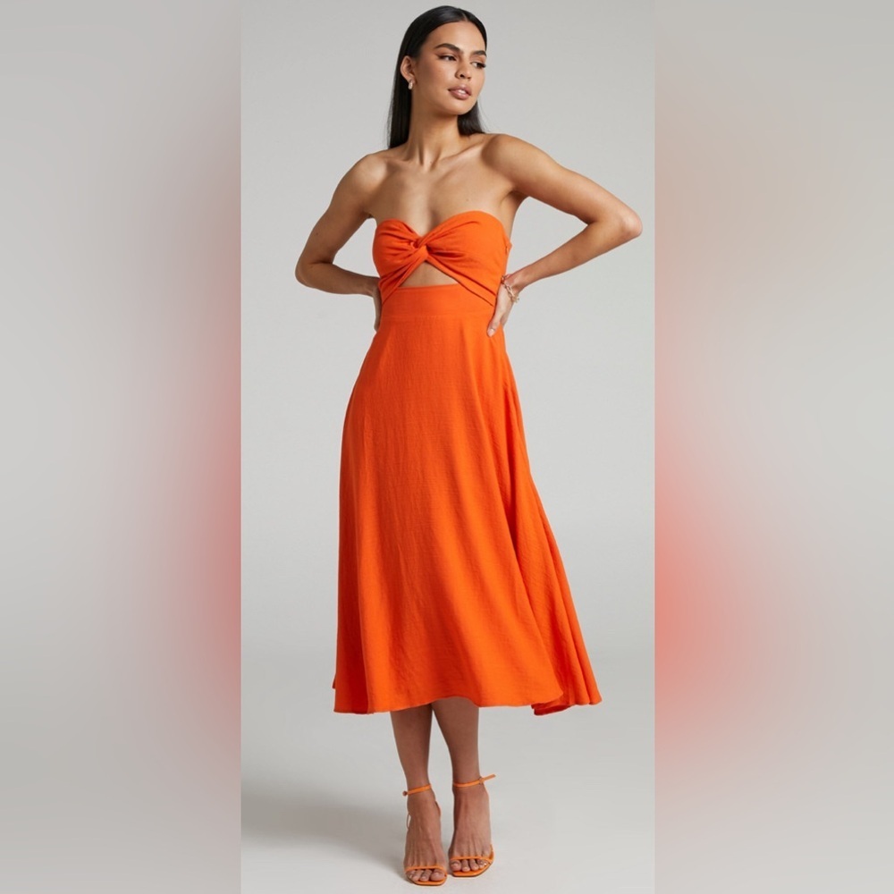 NWT - Showpo. Avie Midi Dress Twist Strapless Cocktail Dress in Orange - Size 2